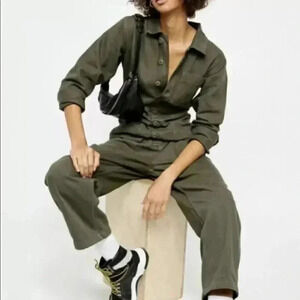 Free People Jumpsuit Utility Gia Coverall Slouchy Olive Distressed Patch Pockets